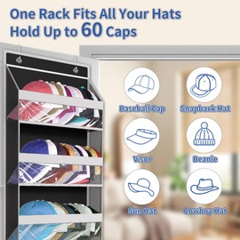 KYEVIS Over The Door Hat Organizer for Baseball Caps - Holds up 60 Hat Rack with Extra Large Row for Cowboy, Hat Storage for Closet, Bedroom, Cabinet, Space Saving Hanging Holder, Scarves, Accessories