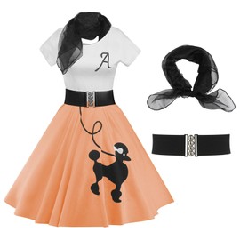 ZEZCLO Women's Retro Poodle Print Skater Dress Vintage High Waist Rockabilly Swing Tee Cocktail Party Dresses Orange Pink S