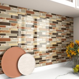 Skyblur Brown Peel and Stick Backsplash for Kitchen Bathroom Self Adhesive Marble Kitchen Backsplash Tiles Peel and Stick Waterproof Brown Subway 3D Wall Tiles Marble Look Wall Sticker 10-Pack 12"x12"