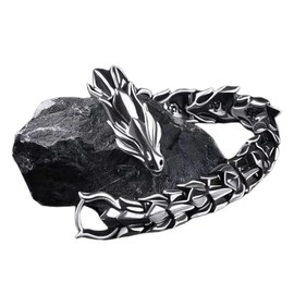 UINSUE Dragon Chain Bracelet Grunge & Punk Men's Stainless Steel Plated Gold Silver Dragon Head Bone Form Heavy Metal Link Bracelet (Silver - Dragon Spine, 7.48 in)
