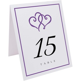 Linked Hearts and Border Wedding Table Numbers (Select Color/Quantity), White, Purple, 1-25, Double Sided, Tent or Use in a Stand, Great for Parties & Restaurants