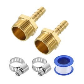 uxcell 2Pcs Brass Hose Barb Fittings, 1/4" Barb x G3/8" Male Thread Hose Connector with Hose Clamps for Water Fuel Gas Oil Transportation and Pipeline Maintenance