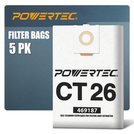 POWERTEC 496187 Selfclean Filter Bags for Festool CT26 Dust Extractor, Vacuum Bags for Festool CT26, CT26 E, CTL26, CTM26, 5PK (75037V)