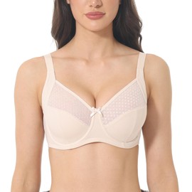Cortelay Women's Lace Unpadded Minimizer Push Up Underwire Bra Full Coverage Everyday Bra Beige 42G
