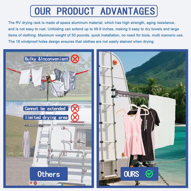 RV Clothes Drying Rack, Extendable Up to 50Inches, Clothes Drying