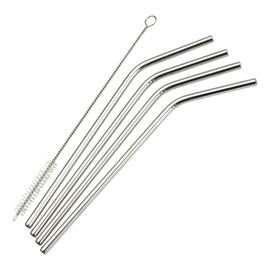 Soro Essentials- 8-1/2” Stainless Steel Curved Drinking Straws with Cleaning Brush 5-Piece Set- Reusable Drinking Straws Bent Metal Straws Drinking Straws Glass Drinking Straw for Home Restaurants