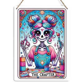 Funny Tarot Card Wall Art Decor, Rustic Sarcastic Crafting Girl Skeleton Witchy Vibes Hanging Sign, Witch Stuff Wiccan Witchcraft Supplies, Farmhouse Wall Hanging Sign, Wooden Sign for Home Office