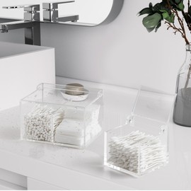 WORHE Cotton Swab Ball Holder Rectangular Qtip Holder with Lid 2 Grid Acrylic Clear Container for Cotton Balls, Makeup Pads, Cosmetics (DP004)