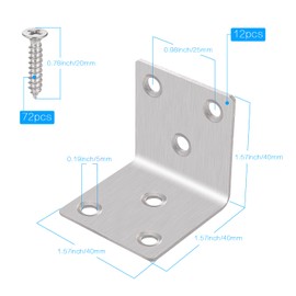 Hejo Angle Connector Set (40 x 40 x 40 x 2 mm), 12 Pieces Stainless Steel Angle 90 Degree L Brackets Corner Bracket with 72 Pieces Screws, 6 Hole Metal Angle for Furniture, Wall Mounting