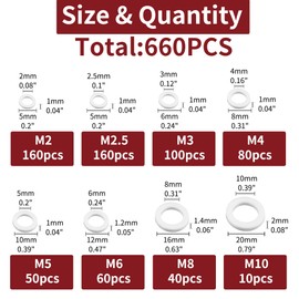 AIMUNOK 660 Pieces 8 Sizes White Nylon Washers Assortment Kit, Nylon Metric Washers, Nylon Flat Washers, Plastic Washers (M2 M2.5 M3 M4 M5 M6 M8 M10)