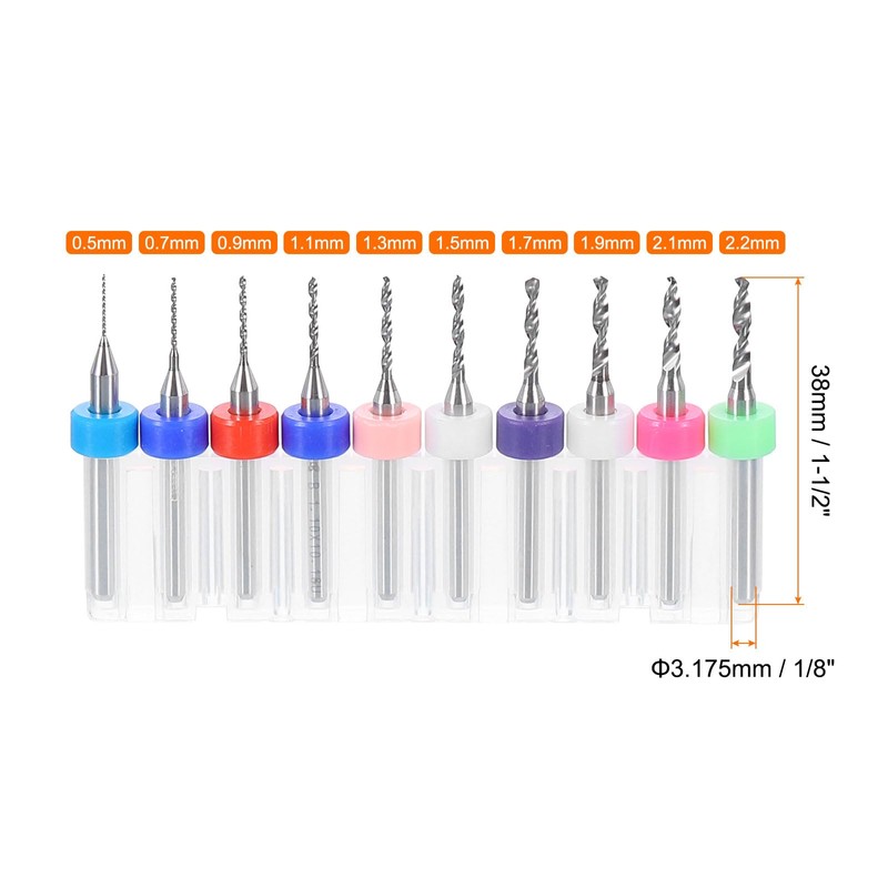 sourcing map 10pcs PCB Drill Bit Set 1/8" Shank 0.5mm-2.2mm