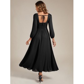 Ever-Pretty Women's Square Neck Pleated Long Sleeve Chiffon A-Line Maxi Fall Wedding Guest Dress Black US10
