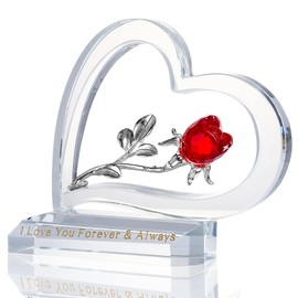 Crystal Red Rose Flower Anniversary Romantic Gifts for Women, I Love You Forever & Always Keepsake Gifts for Girlfriend, Ruby Glass Floral Ornament for Home Wedding Valentines Decor (Red)