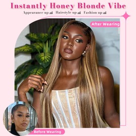 Alidiamond Straight Honey Blonde Wig Human Hair 16inch P4/27 Highlight Ombre Lace Front Wig Human Hair 180%, 13x4 Pre-plucked HD Lace Frontal Wigs For Black Women Honey Blonde Glueless Wigs Human Hair