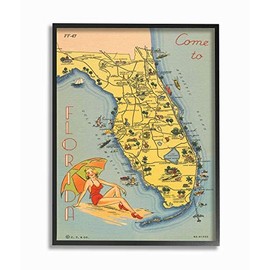 Stupell Industries Antique Florida Map Retro Beach Girl Postcard Print, Designed by Wild Apple Portfolio Wall Art, 16 x 20, Black Framed