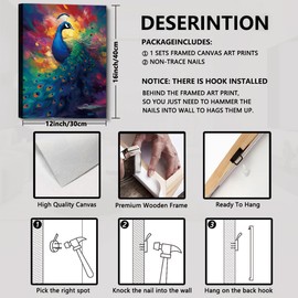 QPOKLAF Framed Peacock Canvas Wall Art Blue Peacock Pictures Decor Animal Painting Watercolor Bathroom Wall Decor Painting Modern Framed Prints Artwork for Home Bathroom Bedroom Living Room 16"x12"