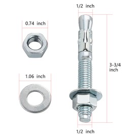 Qualifort 1/2" x 3-3/4" Wedge Anchors Zinc Plated Heavy Duty Fastener for Concrete (6, 1/2" x 3-3/4")