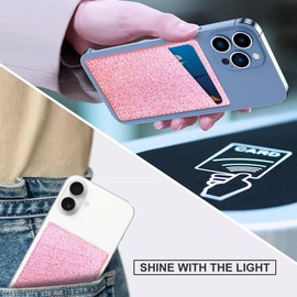 NEZGUEE Cell Phone Adhesive Card Holder - Dual Pocket Leather Wallet with Adhesive, Cute Credit Card Holder for Most Phones -Glitter Pink
