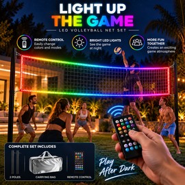 31 FT Light-Up Volleyball Net – Large recreational volleyball net adds LED illumination for backyard, beach