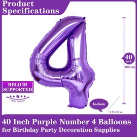 Purple Number 4 Balloons, 40 Inch Giant Number Balloons Foil Mylar Helium Purple Number 4 Balloons for 4th Birthday Party Supplies Anniversary Event Celebration Decorations