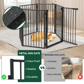 Snagle Paw Full Metal Freestanding Dog Gate with Door, 120” W x 32” H Pet Gate with Support Feet for Doorways, Stairs and Hallways, Portable Dog Fence for Indoor and Outdoor Use (6 Panel, Black)