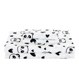 Chezmoi Collection 3-Piece Kids/Teens Panda Love Sheet Set - Soft Microfiber Black White Girls Printed Love Panda Hearts Whimsical Fun Kids Sheets, Twin Size