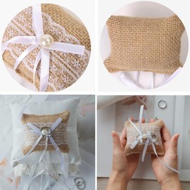 2Pcs Rustic Wedding Ring Bearer Pillows Vintage Burlap Lace Bridal Wedding Ring Dispaly Small Pillow Cushion for Wedding Party (Style1, One Size)