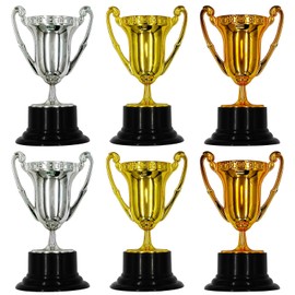 HOPELJ Kids Mini Award Trophy Cups - Pack of 6 Bulk - Plastic Gold Silver Bronze Award Trophies Set for Kids for Party Favors, Props, Rewards, Winning Prizes, Competitions