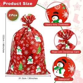 2 Pack Christmas Gift Bags(36x48 Inch) for Presents Big Jumbo XL Huge Giant Extra Large Red Green Plastic Gift bags Sacks Bulk for Christmas Decorations Wrapping Xmas Santa Tree Snowflake Bag Pouch