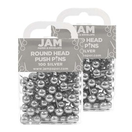 JAM PAPER Colorful Push Pins - Round Head Map Thumb Tacks - Silver Pushpins - 2 Packs of 100