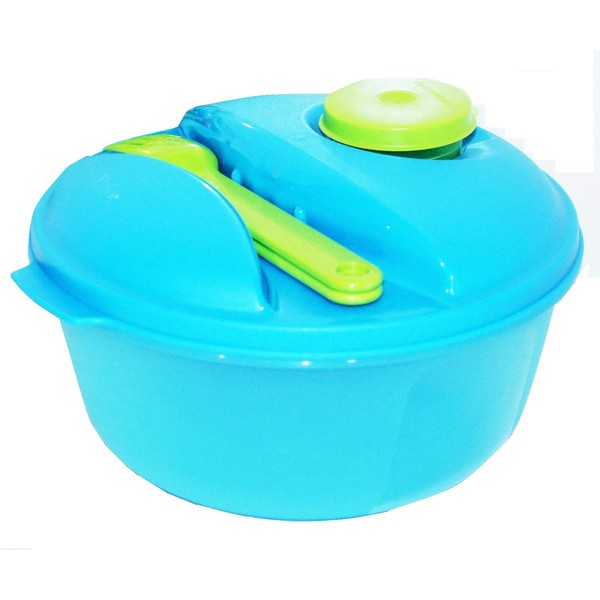 Tupperware Salad on the Go Set Lunch Keeper 6.25 Cup Bowl, Fork, Knife and Midget Blue Green