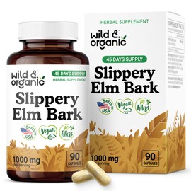 Wild & Organic Slippery Elm Capsules 1000 mg - Digestive, Lung & Women's Support - Slippery Elm Bark Supplement - Ulmus Rubra Powder - 45 Days of Supply - Vegan, No Fillers, Non-GMO - 90 Count