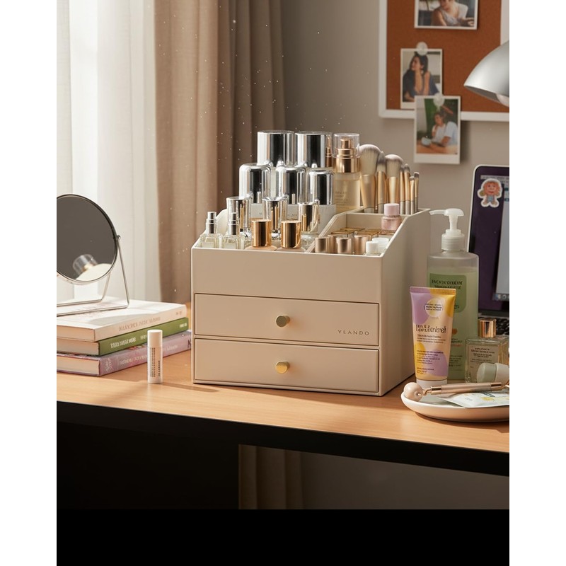 VLANDO 3-Layer Makeup Organizer with 2 Large Drawers for Vanity,Beige