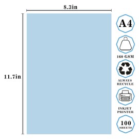 100 Sheets A4 Pastel Blue Coloured Cards 160gsm Pastel Paper Printer Cards 100% Recycled Craft Card Suitable for Printing, Photocopies, DIY Card Making, Scrapbooking Stationary Supplies (Blue)