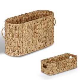 efluky Toilet Paper Storage Basket Set (2Pcs), Water Hyacinth Slim Toilet Paper Holder with Lid- Holds Up to 9 Mega Rolls, Home Bathroom Decor Organizer