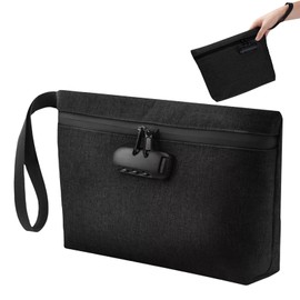 Security Smell Proof Bag with Combination Lock, 13 x 8 Inches Odor Proof Container, Waterproof Lockable Cash Bag with Zipper & Handle,Travel Safe Smell Proof Pouch for Passports Herbs Cards, Black
