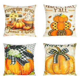 Patioland Set of 4 Pumpkin Throw Pillow Covers 16 x 16 Inch, Double Sided Autumn Decorative Cushion Cover for Thanksgiving Day Fall Harvest, Square Seasonal Pillowcases for Home Room Holiday Decor