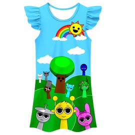 COSEFUMO Girl Kids Sprunki Game Gown Cute Flutter Sleeve Dress Birthday Party Playwear