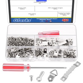 Glarks 401pcs Silver Picture Hanging Kit, Include 50pcs Sawtooth Picture Frame Hangers, 50pcs Frame Turn Buttons, 50pcs D Ring Picture Hangers, 250pcs Screws and 1pcs Screwdriver for Hanging Photo