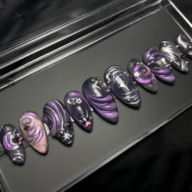 Purple 3D Swirl Press on Nails Long Almond Fake Nails Star Moon Acrylic Glue on Nails with Rhinestones False Nails Glossy Charm Stick on Nails for Women DIY Manicure Decor