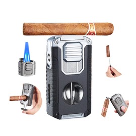 Cigar Lighter Triple Jet Flame Refillable Butane Torch Lighter with V Cutter Cigar Holder, Cigar Punch and Cigar Draw Enhancer for Smoking,Cigar Gift for Men (Nickel Wire Drawing)