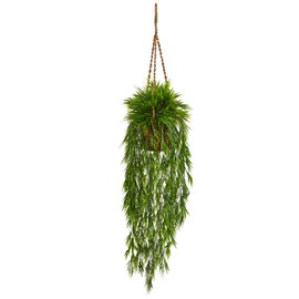 Nearly Natural Mini Bamboo Artificial Plant Hanging Basket, Green