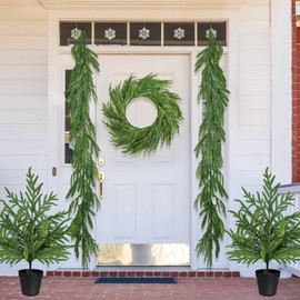 Jutom 5 Pcs Artificial Norfolk Pine Tree Plant and Garlands, Faux Norfolk Pine Wreath for Front Door, Winter Norfolk Pine Stems Wreath Greenery for Home Outdoor Christmas Decorations