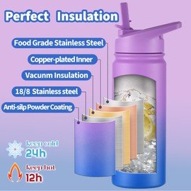 mininoo Kids Water Bottle, 16oz Stainless Steel Insulated Water Bottle Kids with Straw Lid Leak Proof (Purple/Blue)