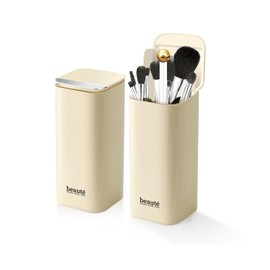 Upgrade Makeup Brush Holder Organizer with Lid, Automatic Lifting Dustproof Makeup Brushes Organizer with 4 Compartments for Vanity，Cosmetic Storage for Dresser Countertop and Bathroom (Beige Silver)