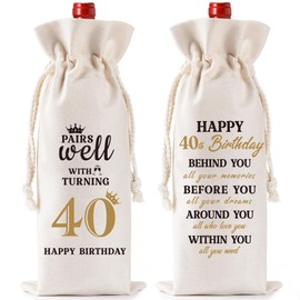 40th Birthday Wine Gift Bag - Ideas Burlap Wine Bottle Bag with Drawstring, Double sided Design Pairs Well with Turning 40, for Women, Men, Mom, Dad, Friends, Neighbors, Loved Ones, Wife, Husband