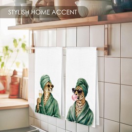 Fewgb Retro Green Cheetah Leopard Bathroom Towel Gifts Decor Set of 2 16x24