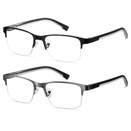 SUNAMOY 2 Pack Extra Wide Metal Clear On Top Bifocal Reading Glasses Men, Half Frame Spring Hinge Computer Blue Light Blocking Bi focal Readers Anti Eyestrain/Glare/UV 2.0