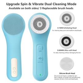 WOVAZUS Vibrating and Rotating Face Scrubber, Waterproof Rechargeable Facial Cleansing Brush, 8 Modes for Exfoliating and Massaging, Face Wash Brush for Removing Blackhead（Blue）