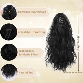 Ponytail Extension Short Curly, Hair Extensions Clip, 14 inch Black Extension Wavy Curly Hair Clip, Tails Hair Extension Curly for Women for Daily Use (Black)